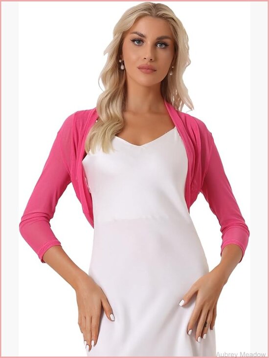 Sweaters - Sheer Mesh Shrug Bolero 3/4 Sleeve Open Front Cropped Cardigan